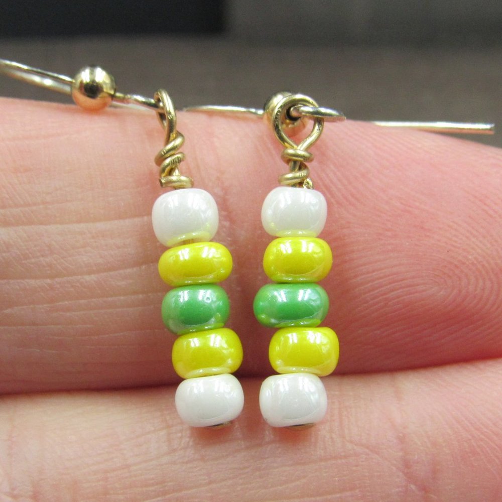 Sterling Silver White Yellow Green Beaded Earrings - Picture 1 of 5